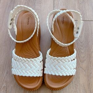 CROCS White and Brown Wedge Sandals with Woven Design